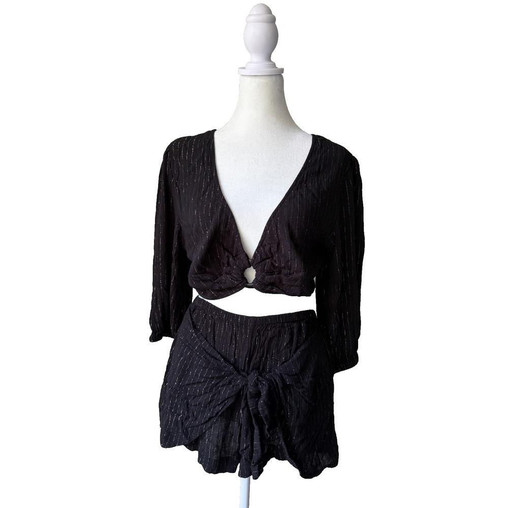 Tori Praver Black Metallic Stripe 2 Pcs Set M Crop Top Shorts Boho Beach Casual - Picture 1 of 16